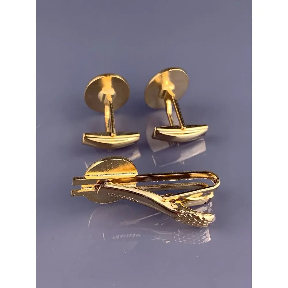 Simmons Family Crest Cufflinks Tie Clip Gold Tone Wing Rose Shield Heraldic VTG